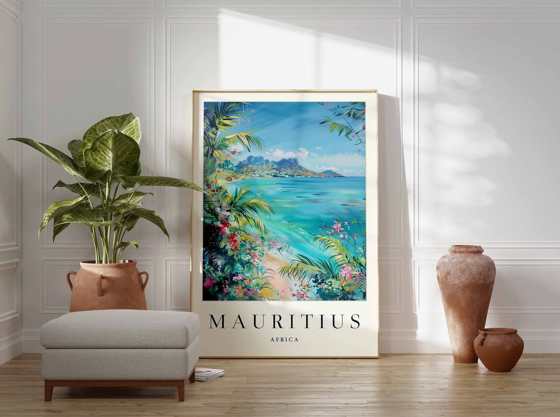 Mauritius Africa Colorful Tropical Bay Palms Painting Poster - Image 3