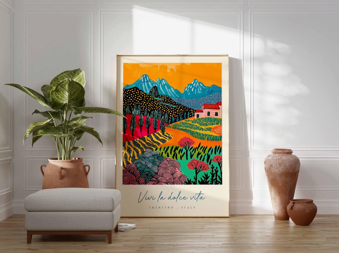 Trentino Italy Bold Folk Art Landscape Mountains Farmhouse Poster - Image 3
