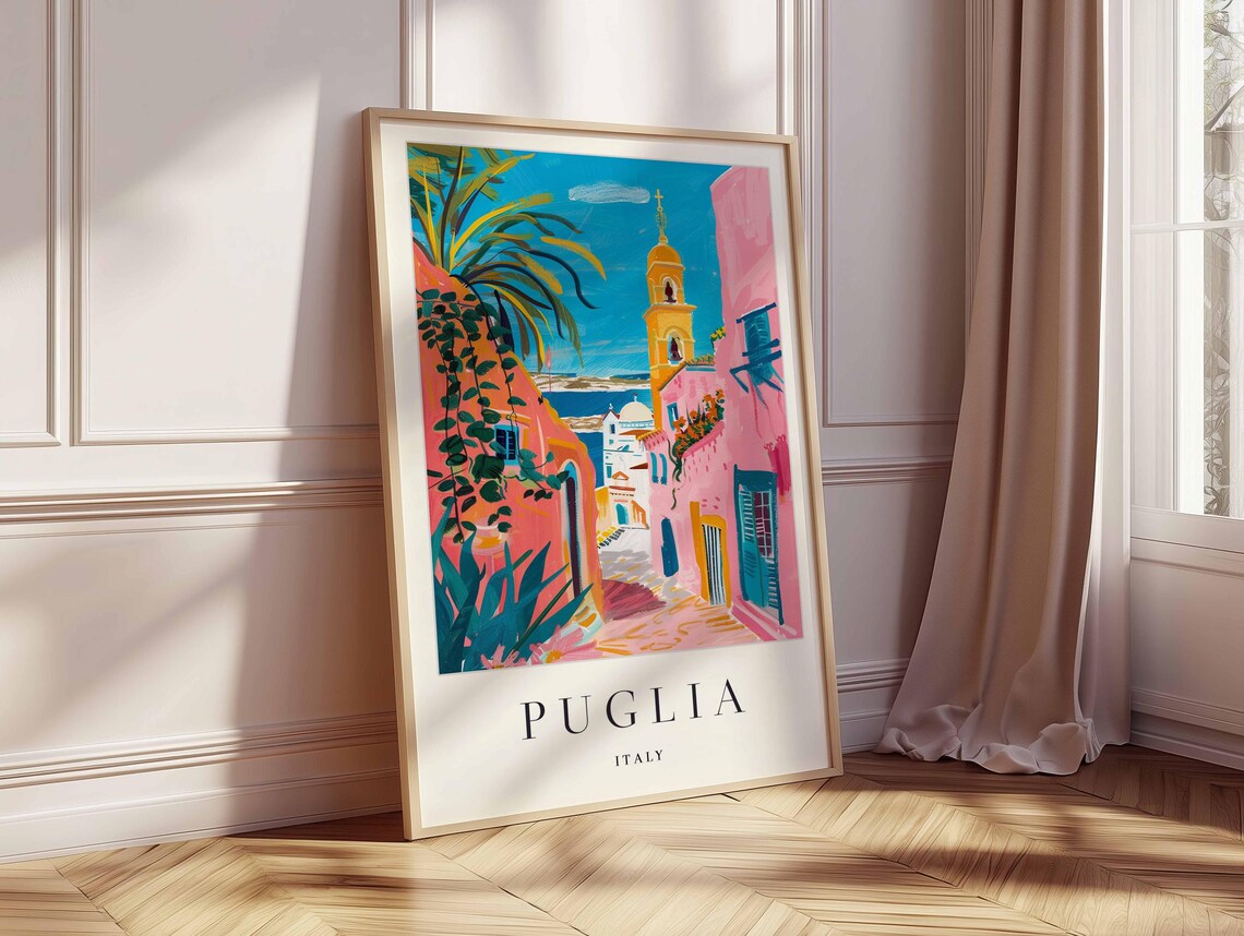 Puglia Italy Pink Alley Bell Tower Palm Trees Sea View Travel Poster - Image 2