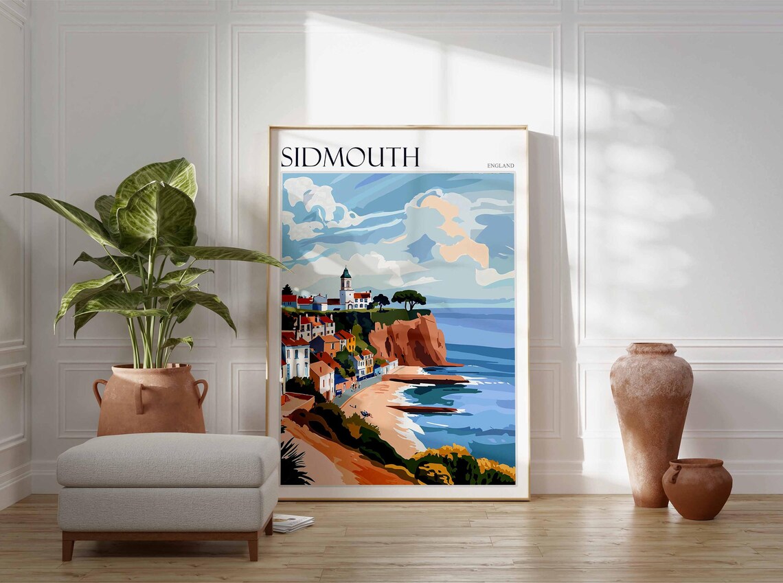 Sidmouth England Cliff Town Church Tower Calm Sea Retro Art Poster - Image 2