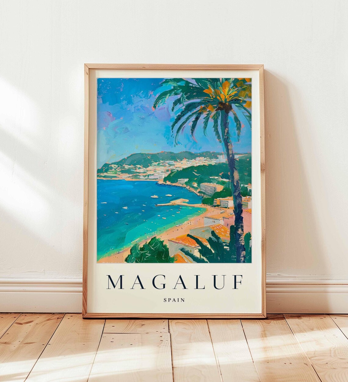Magaluf Spain Coastal Bay With Tall Palm Tree and Boats Travel Poster