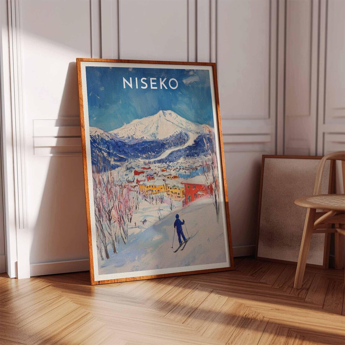 Niseko Japan Skier Overlooking Colorful Village Peak Painted Ski Poster - Image 3