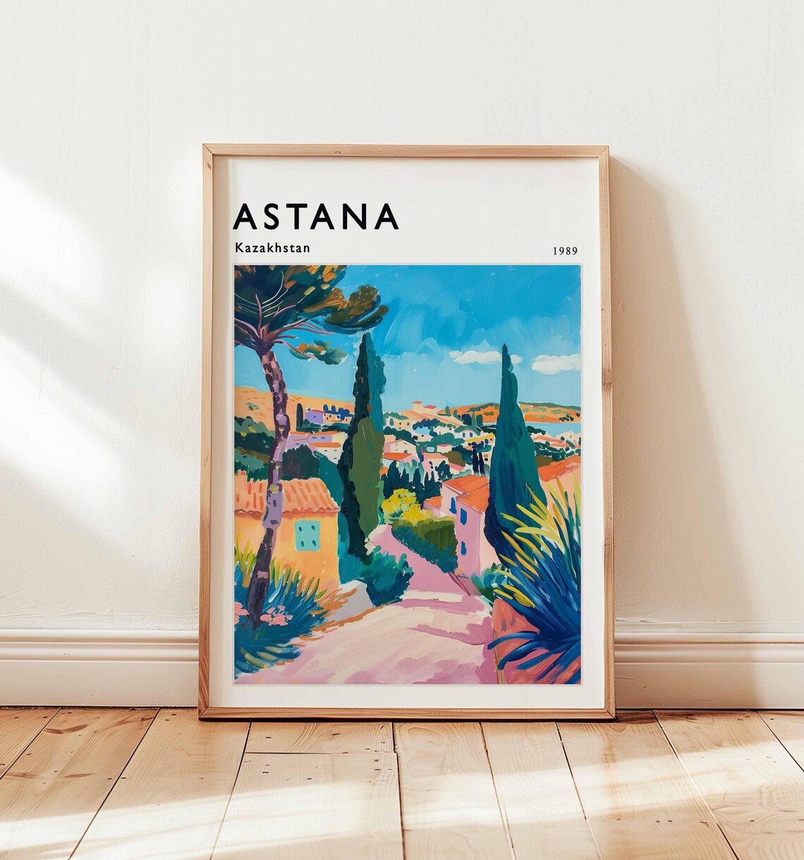 Astana Kazakhstan 1989 Cypress Village Lane Impressionist Travel Poster