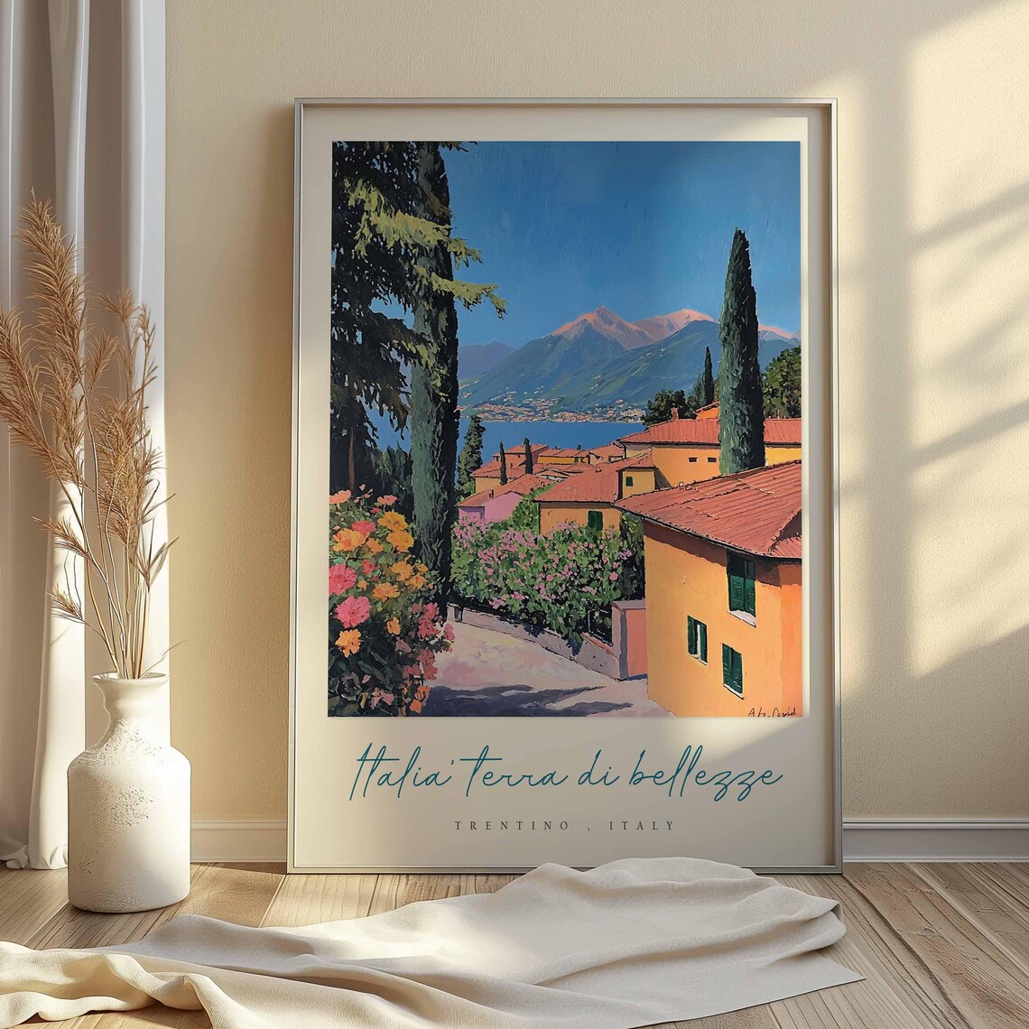 Trentino Italy Lake Village Painting Orange Houses Cypress Poster - Image 2