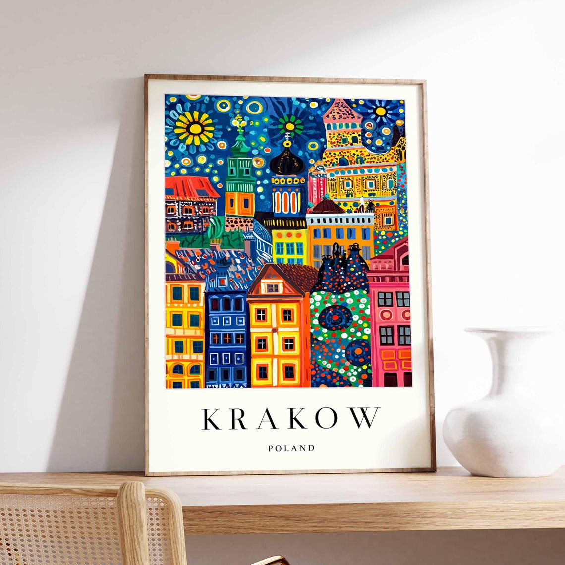 Krakow Poland Colorful Folk Art Old Town Night Sky Travel Poster