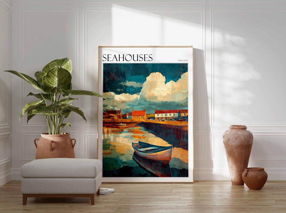 Seahouses Dusk Harbour Lone Rowboat Moody Travel Poster England - Image 2
