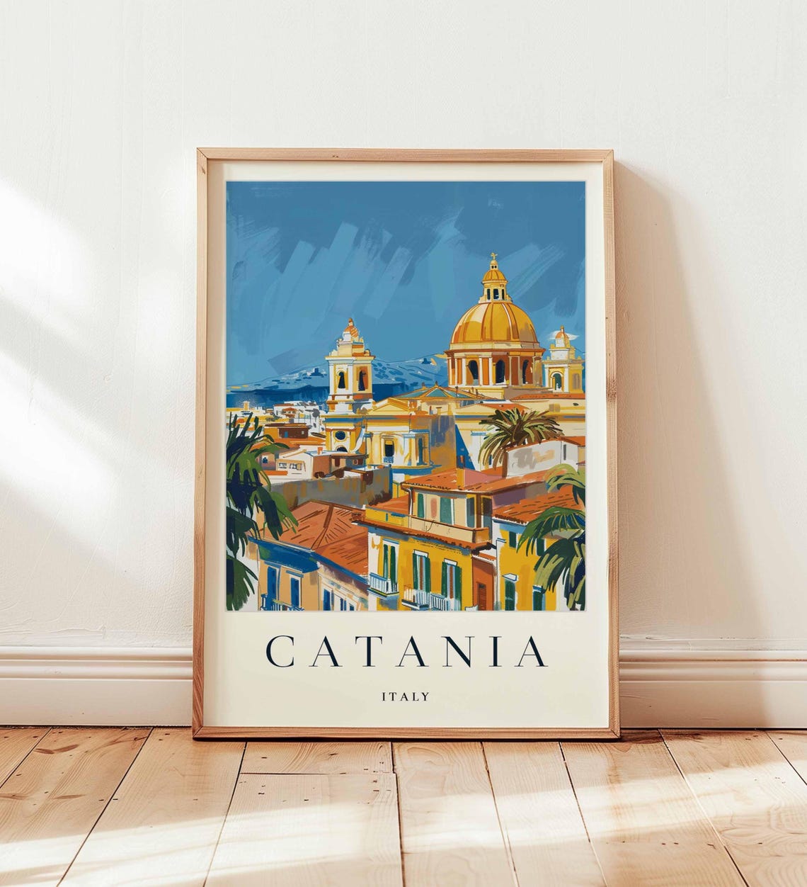 Catania Italy Cathedral Dome Mount Etna Painterly Travel Poster