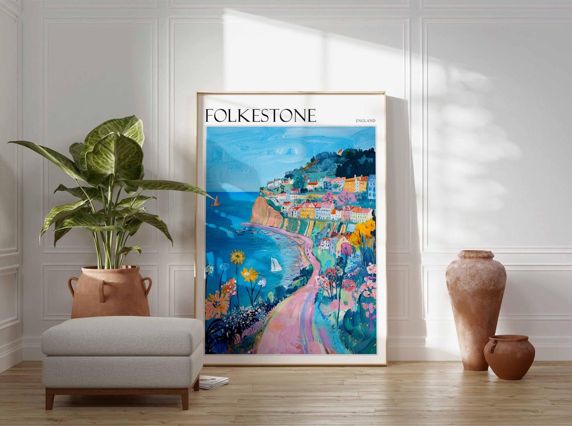 Folkestone England Wildflower Path Harbor Sailboats Art Poster - Image 3