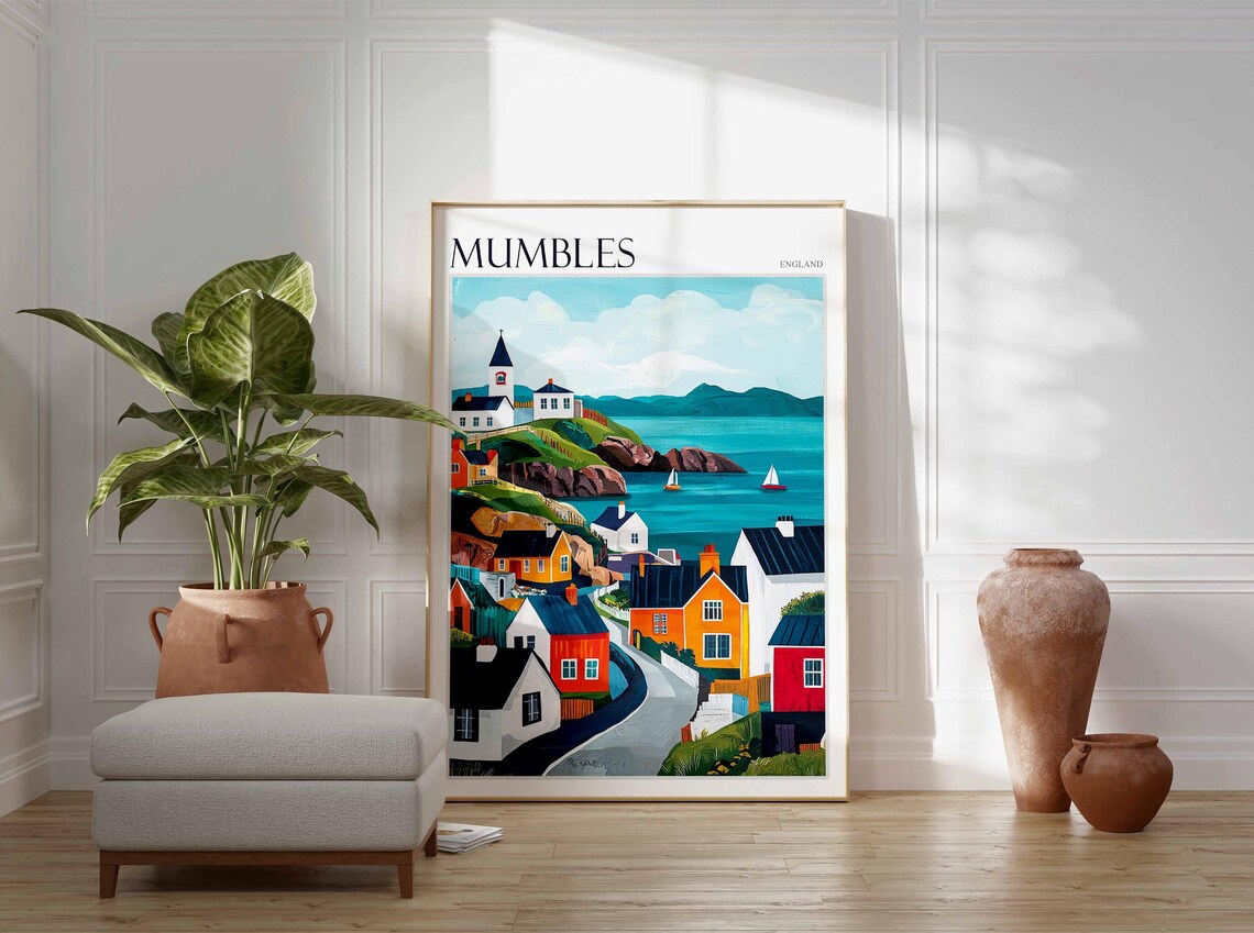 Mumbles Village Street Church Rocky Cove Sailboats England Travel Poster - Image 3