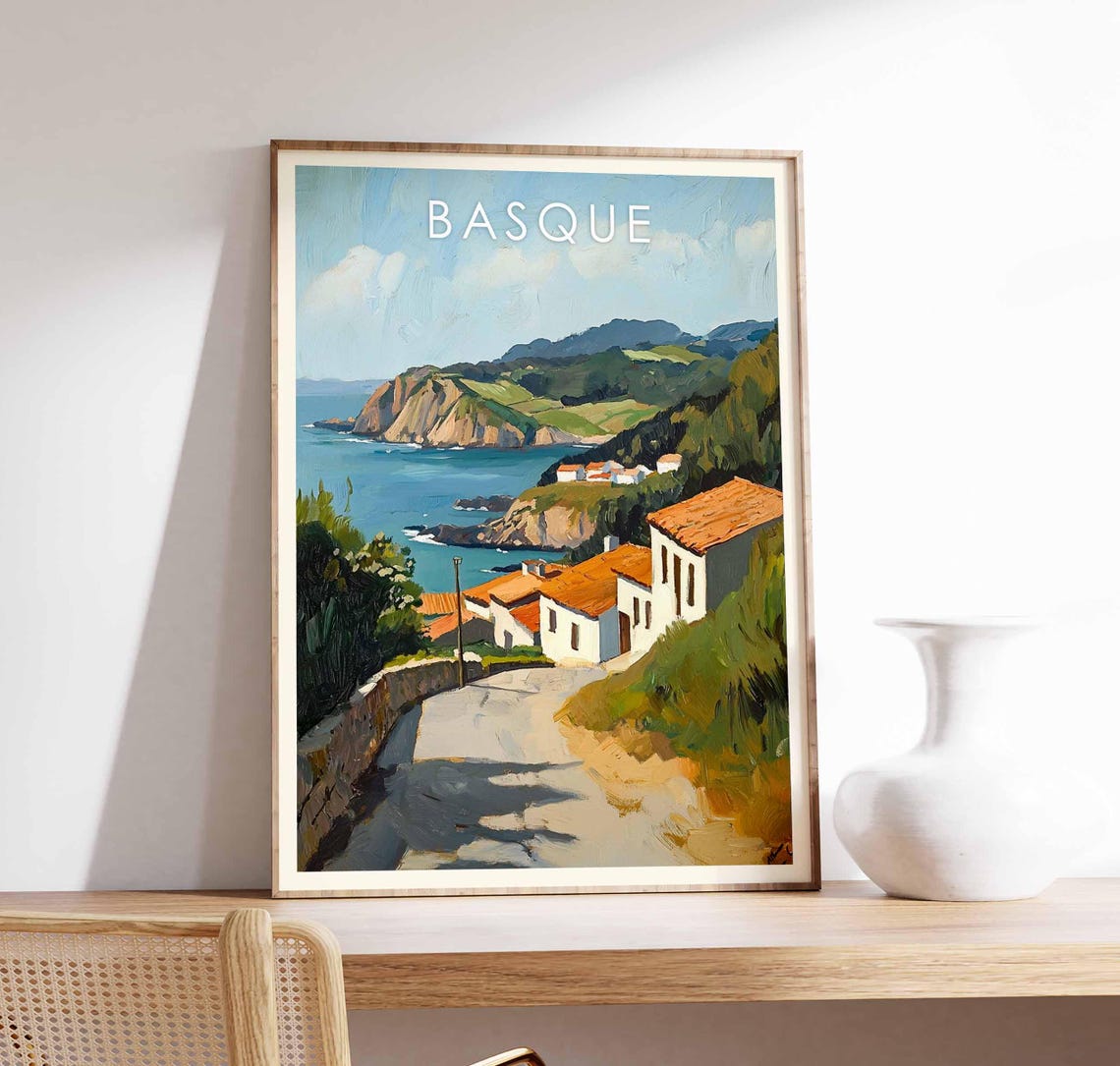 Basque Coastal Village Seaside Road Overlook Oil Painting Poster