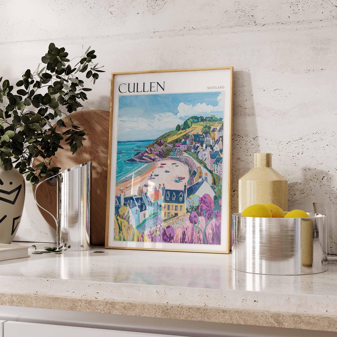 Cullen Scotland Harbor Beach with Boats and Thistles Art Poster - Image 2