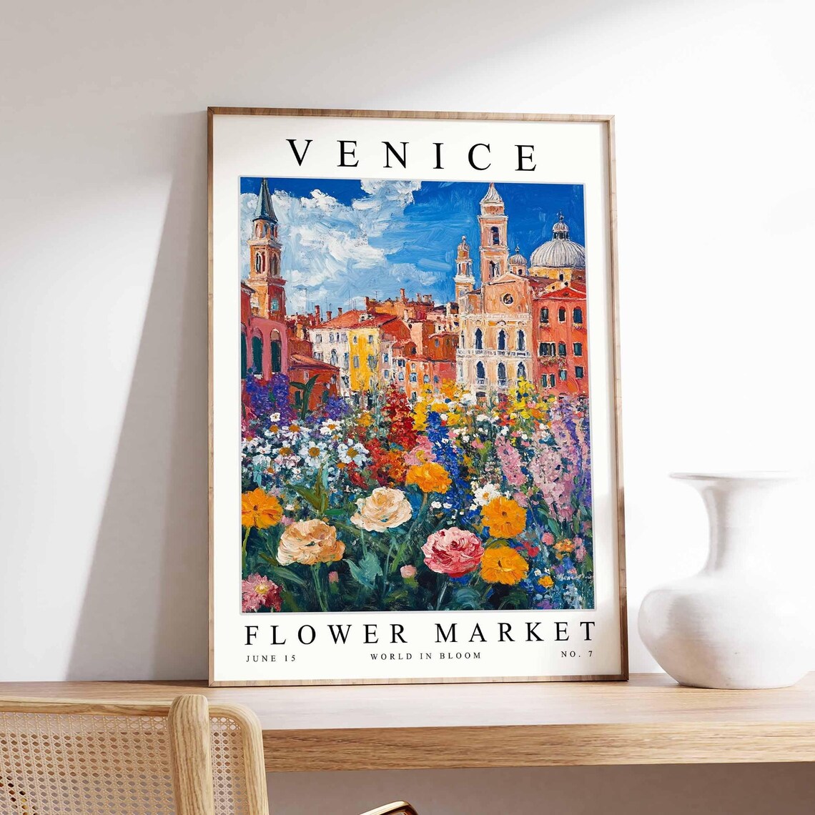 Venice Flower Market Poster of Church Towers Behind a Riot of Color