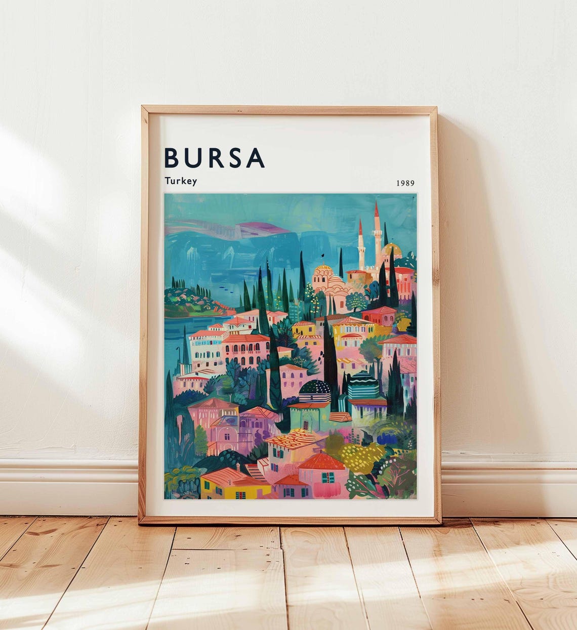 Bursa Turkey 1989 Lakeside Old Town Minarets Painting Poster