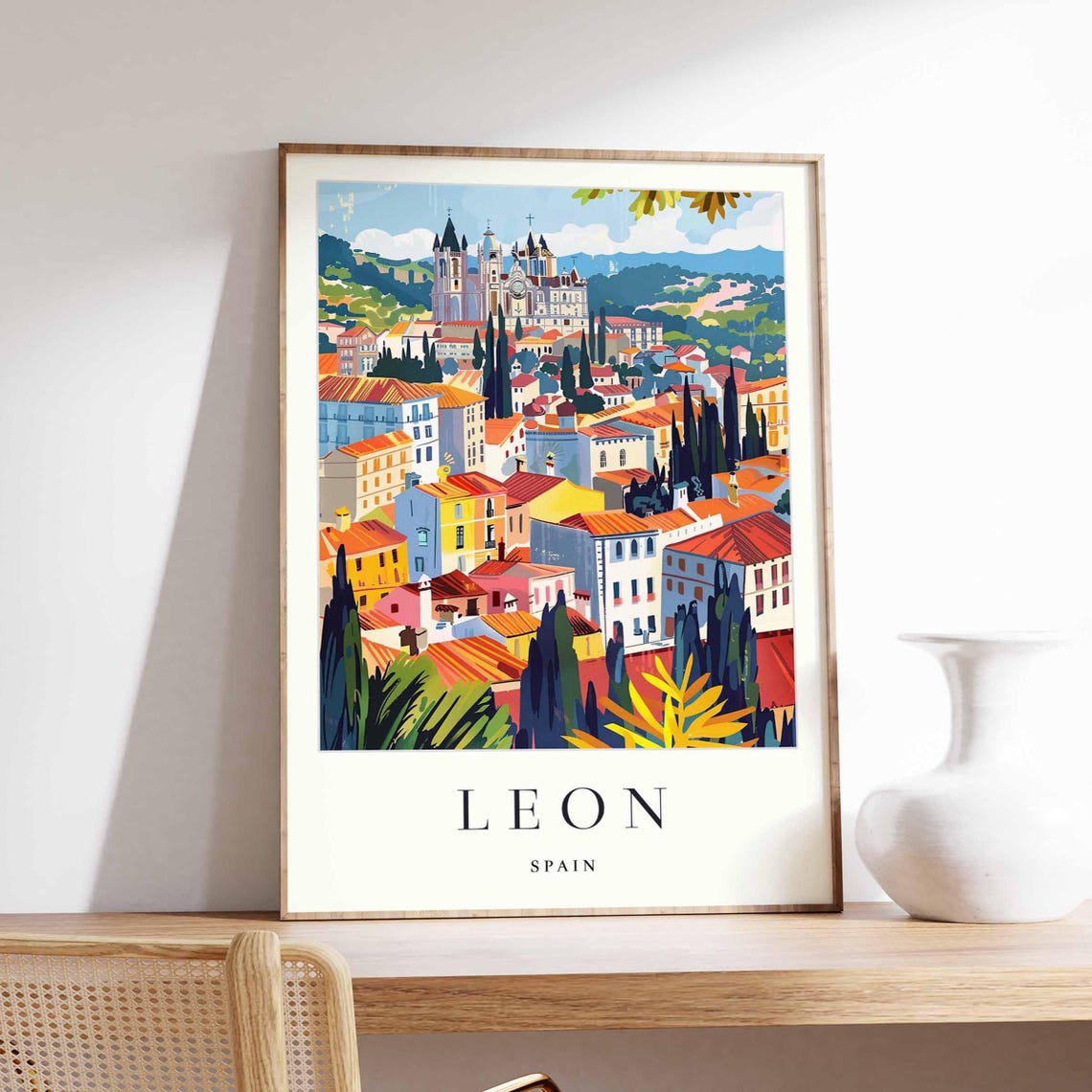 Leon Spain Gothic Cathedral Twin Spires Old Town Rooftops Poster