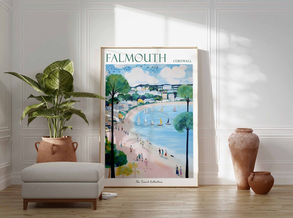 Falmouth Cornwall Sailboats Bay Pink Beach Vintage Travel Poster - Image 3