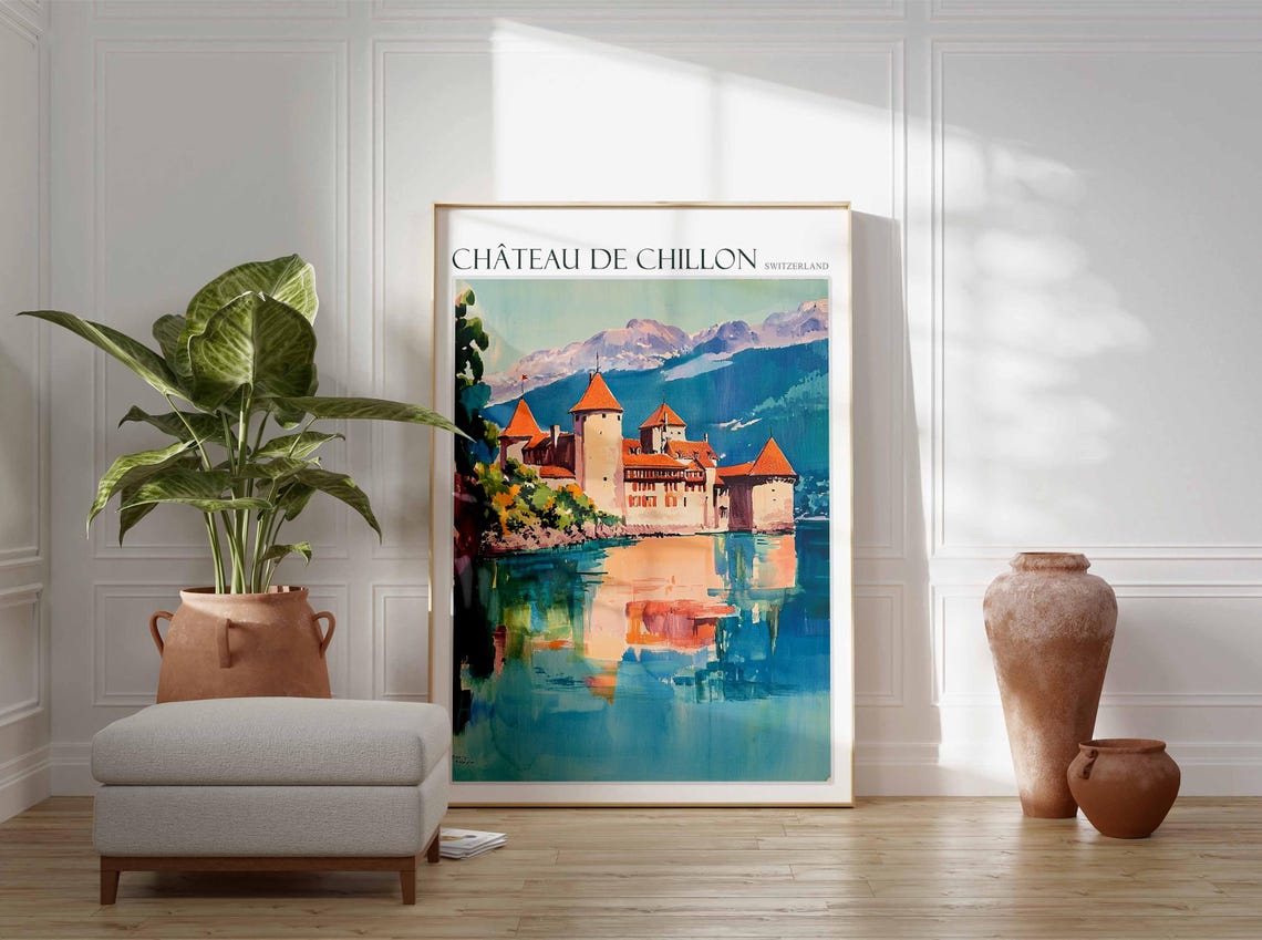 Chateau de Chillon Switzerland Castle Lake Reflection Painting Poster - Image 2