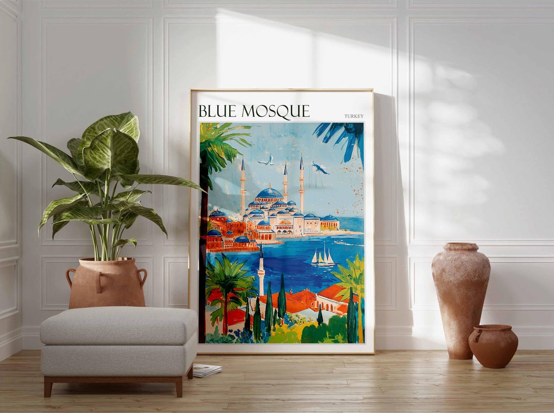 Blue Mosque Bosphorus Sailboats Retro Palm Travel Art Poster - Image 2