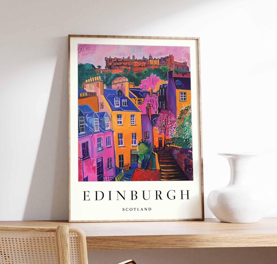 Edinburgh Old Town Colorful Houses Castle Hill Steps Travel Poster