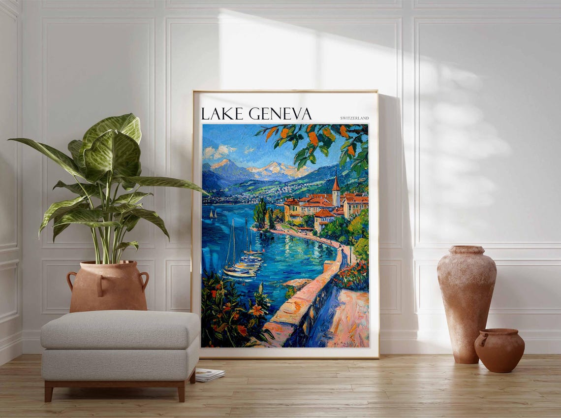 Lake Geneva Poster Switzerland Travel Print Swiss Decor Europe Travel Poster European Wall Art Lake Geneva Travel Poster - Image 2