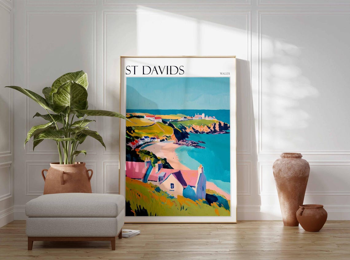 St Davids Wales Pink Cottages Golden Beach Bay Village View Poster - Image 2