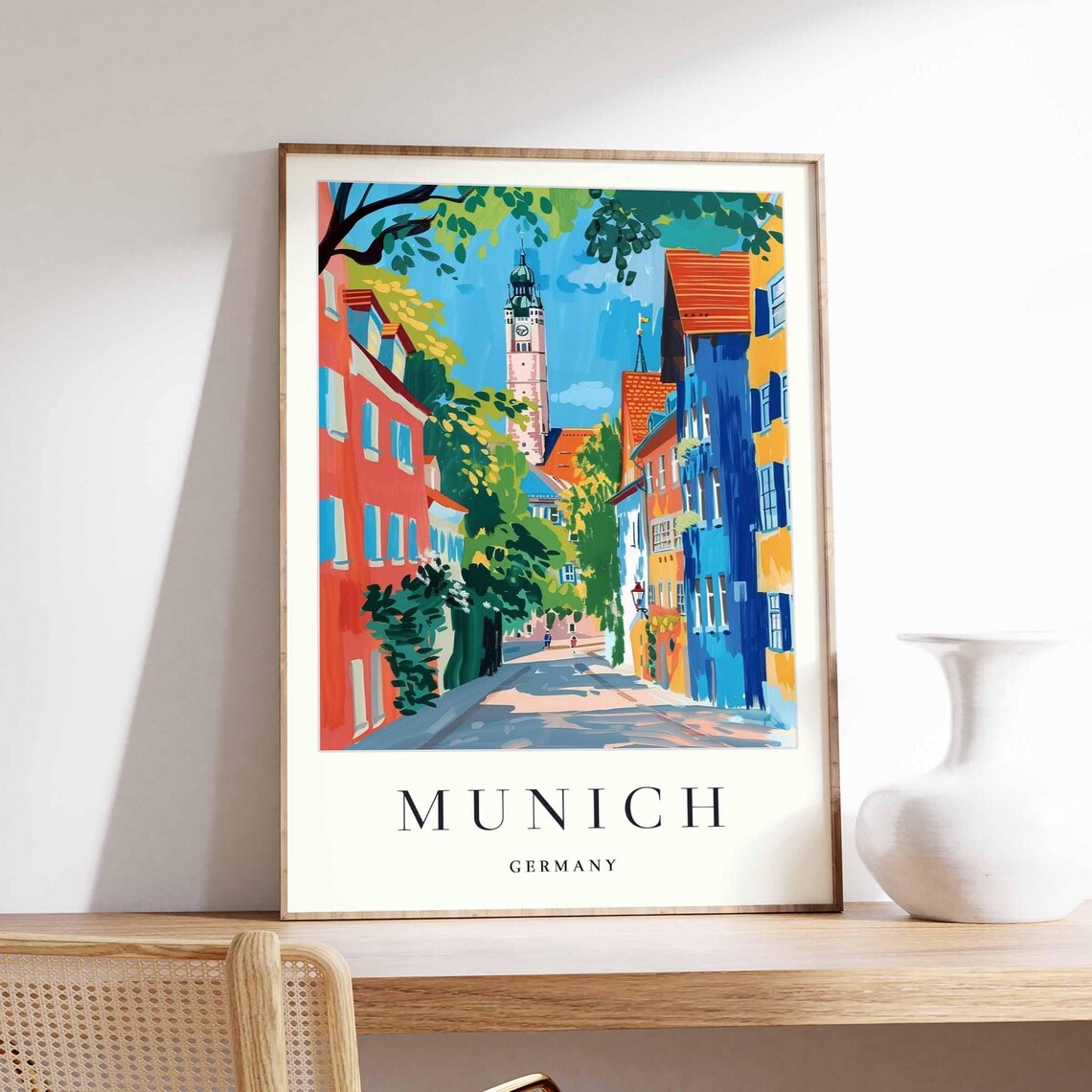 Munich Germany Tall Church Tower Colorful Street Scene Poster