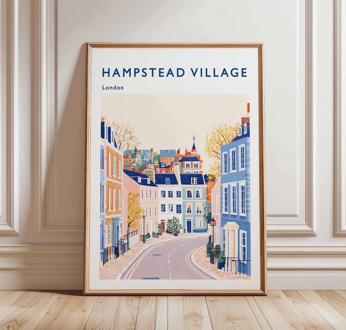 Hampstead Village London Street Colorful Historic Travel Poster