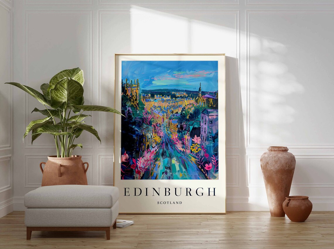 Edinburgh Scotland Night Cityscape Neon Floral Painting Art Poster - Image 3