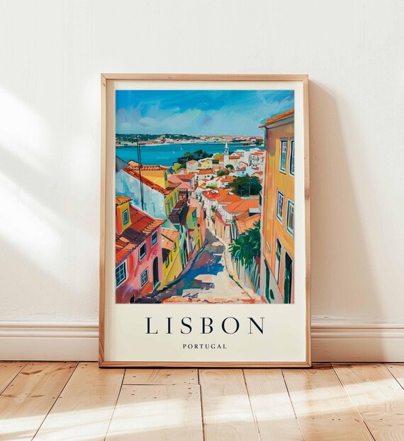 Lisbon Portugal Colorful Rooftops Harbor Painting Travel Poster
