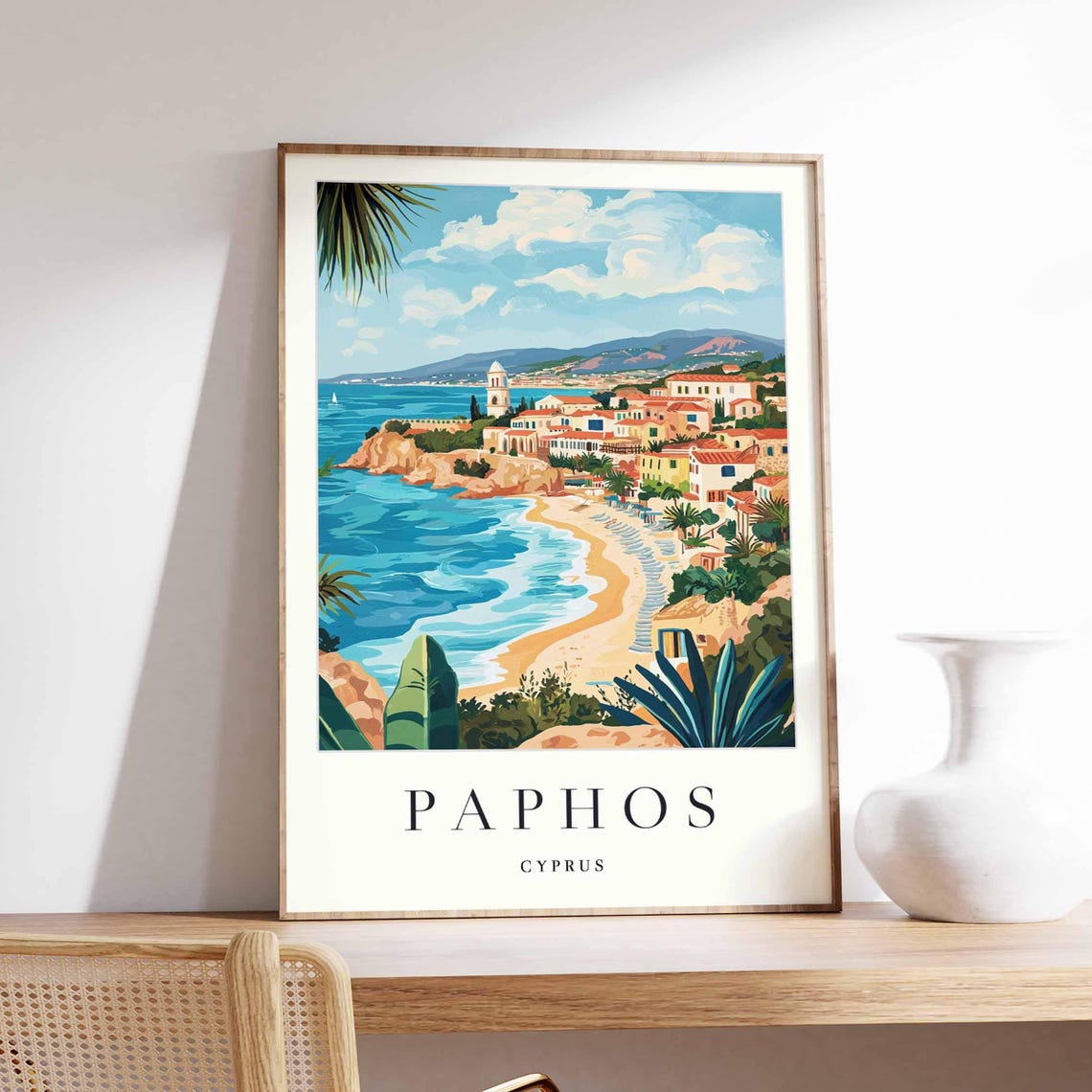 Paphos Cyprus Mediterranean Beach Town Coastal Illustration Poster