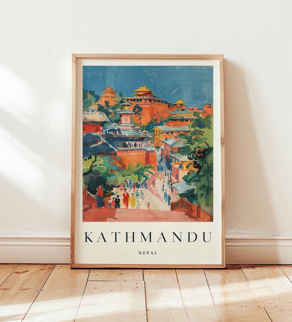Kathmandu Nepal Golden Temple Rooftops Bustling Street Travel Poster