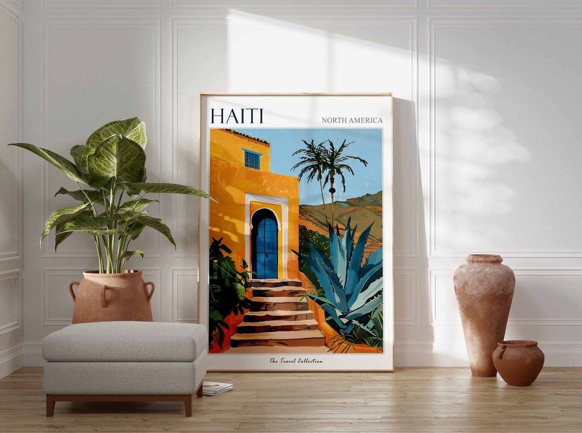 Colorful Haiti Tropical Courtyard Blue Door Palm Tree Poster - Image 2