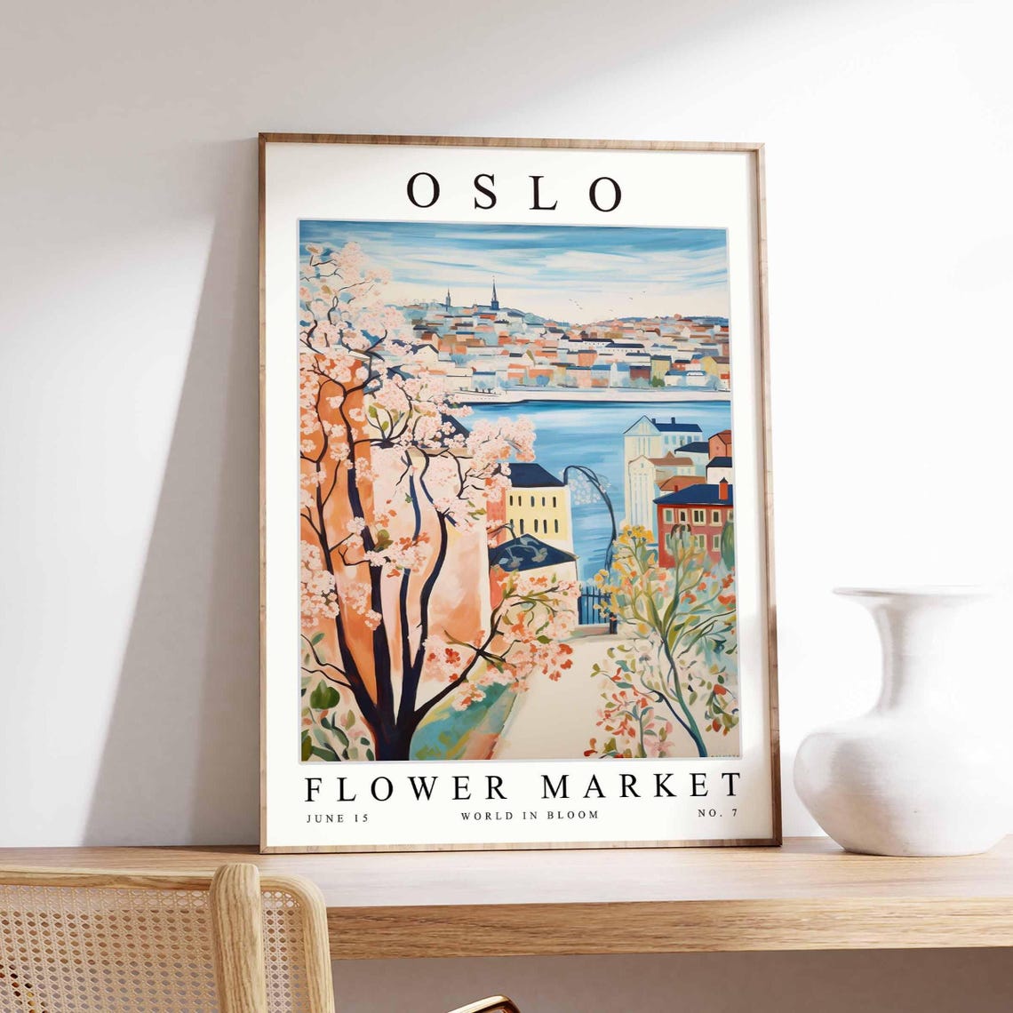 Oslo Flower Market Cherry Blossom Trees Bay City Skyline Poster