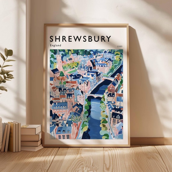 Shrewsbury England 1989 Aerial River Town Vintage Historic Travel Poster