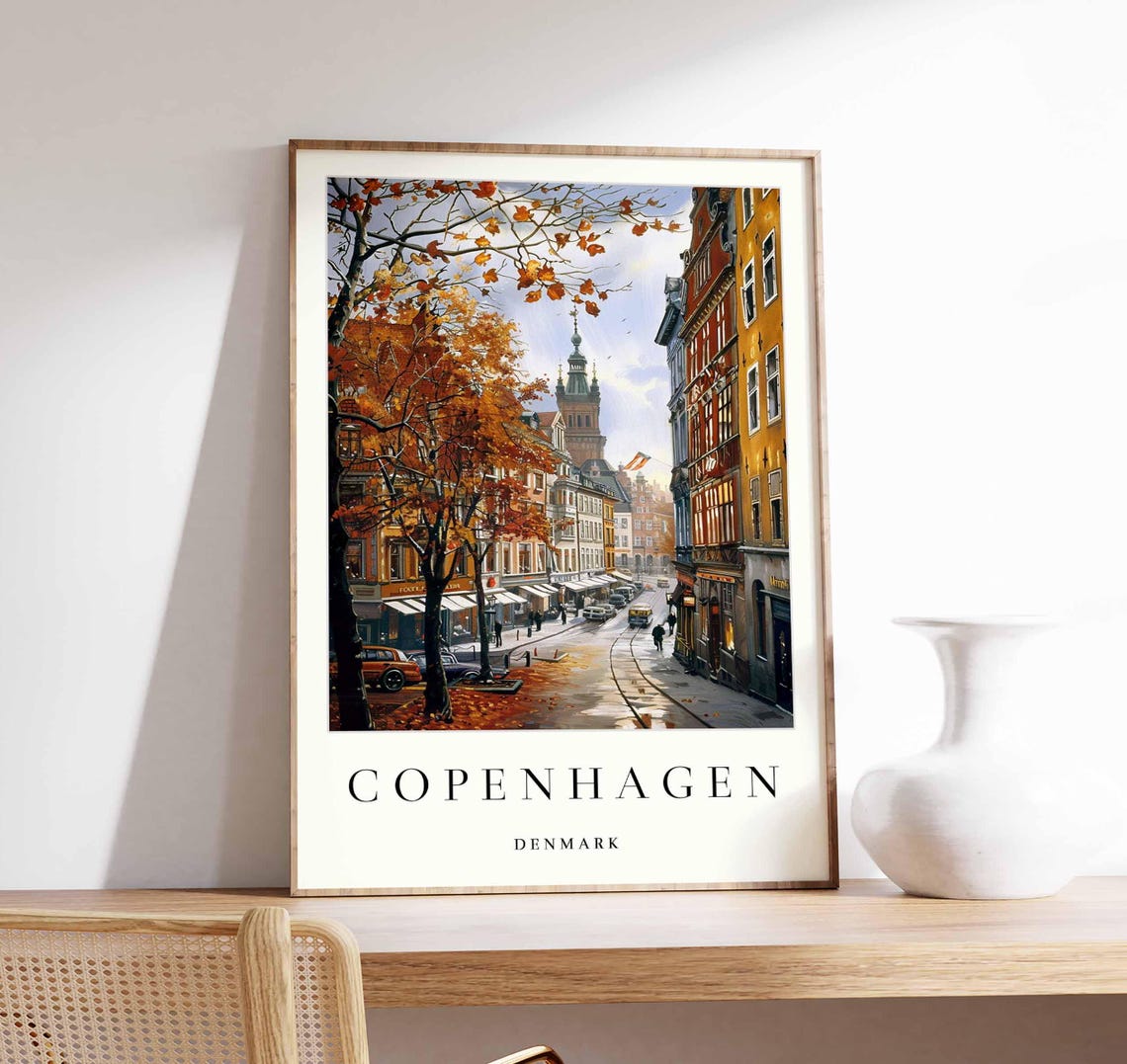 Copenhagen Autumn Street Orange Leaves Old Town Denmark Travel Poster