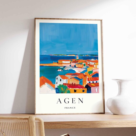Agen France Colorful Coastal Harbor Town Mediterranean Travel Poster