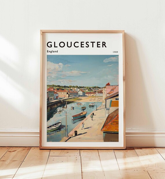 Gloucester England Harbor Quay Fishing Boats 1989 Vintage Travel Poster