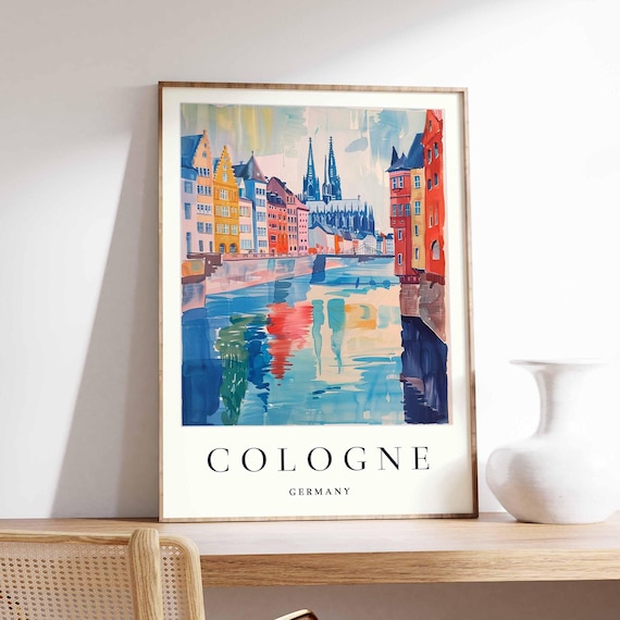 Cologne Germany Colorful Waterfront Watercolor Cathedral Travel Poster