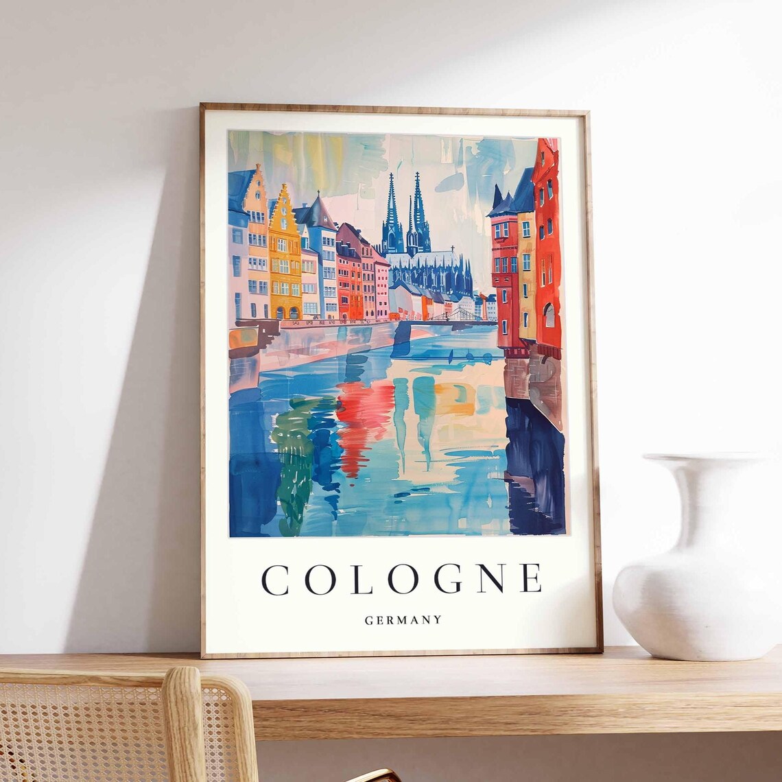 Cologne Germany Colorful Waterfront Watercolor Cathedral Travel Poster