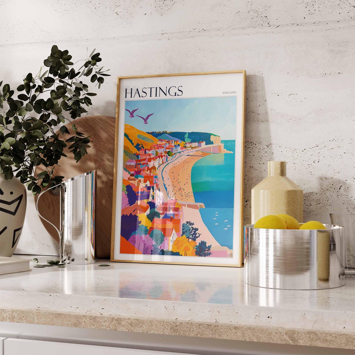 Hastings England Curved Bay Beach Colorful Town Panorama Poster - Image 2