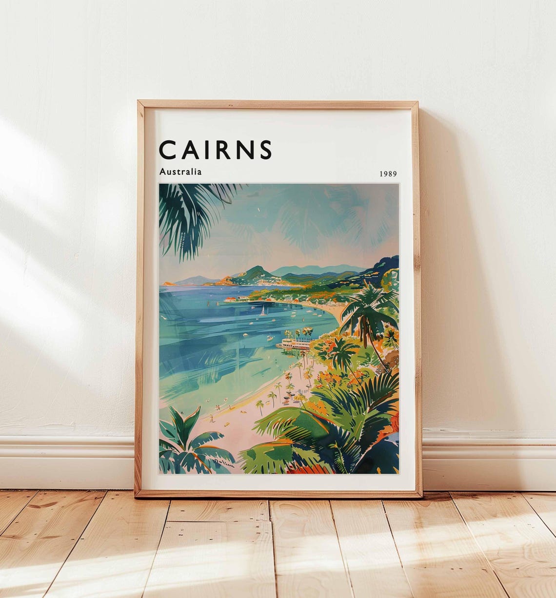Cairns Australia 1989 Vintage Poster with Aerial Coastal Beach View