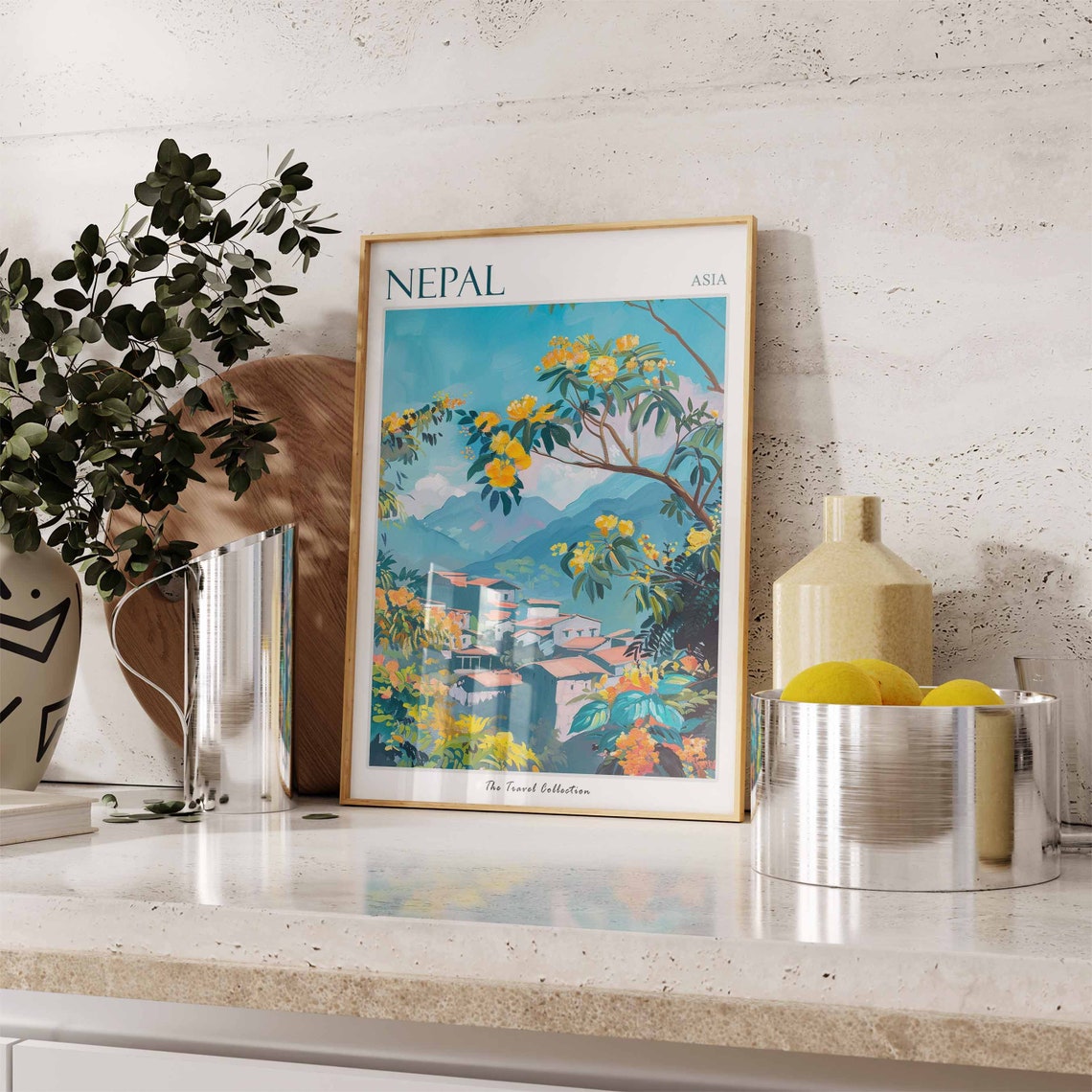 Nepal Asia Mountain Village Yellow Blossom Impressionist Travel Poster - Image 2