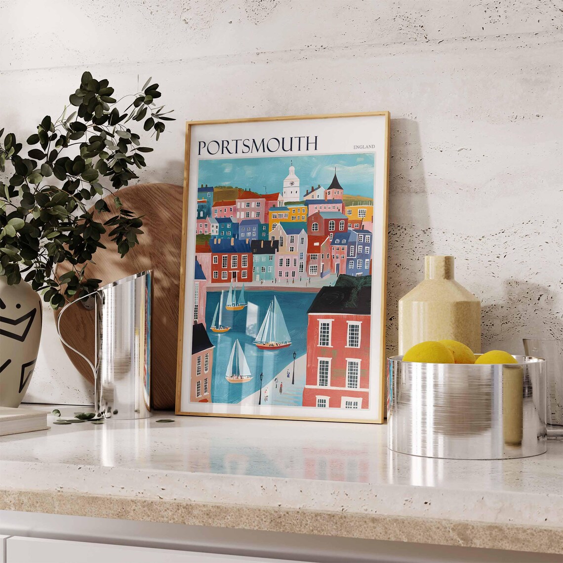Portsmouth England Harbor Sailboats Colorful Buildings Clock Tower Poster - Image 3