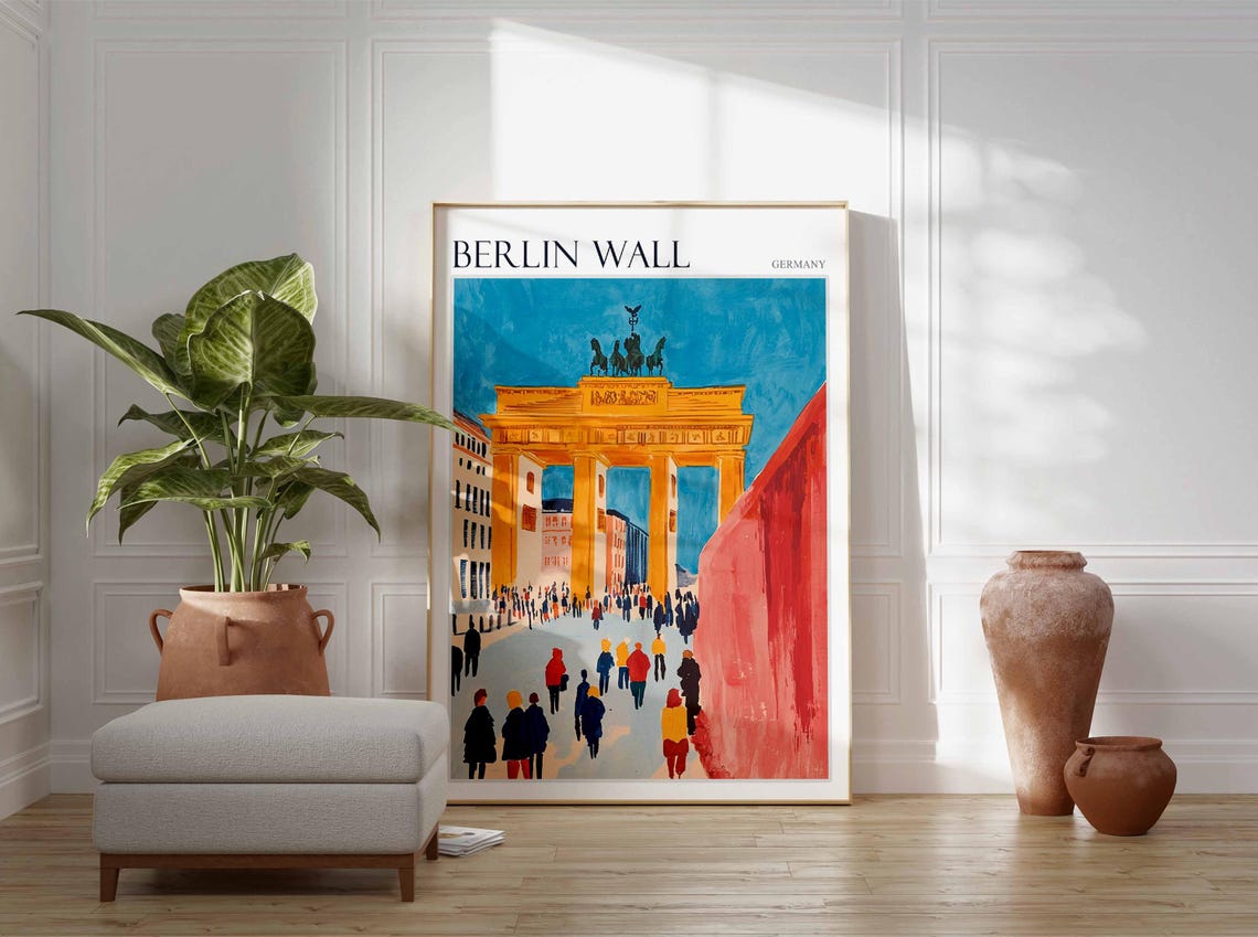 Berlin Wall Germany Brandenburg Gate Crowd Scene Colorful Art Poster - Image 2