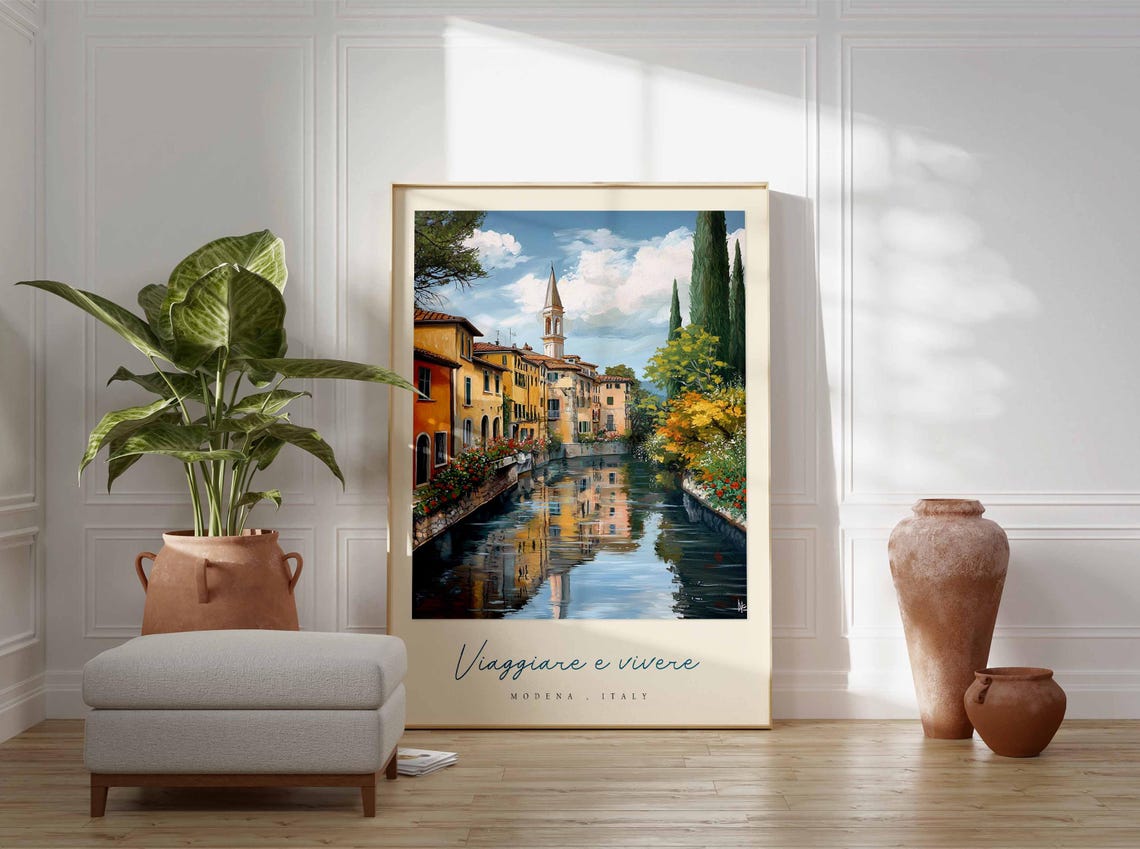 Modena Canal Reflections Church Spire Painterly Italy Travel Poster - Image 3