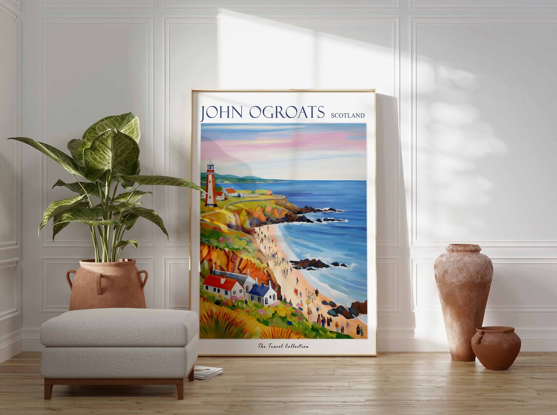 John Ogroats Scotland Lighthouse Coast Beach Colorful Painting Poster - Image 2