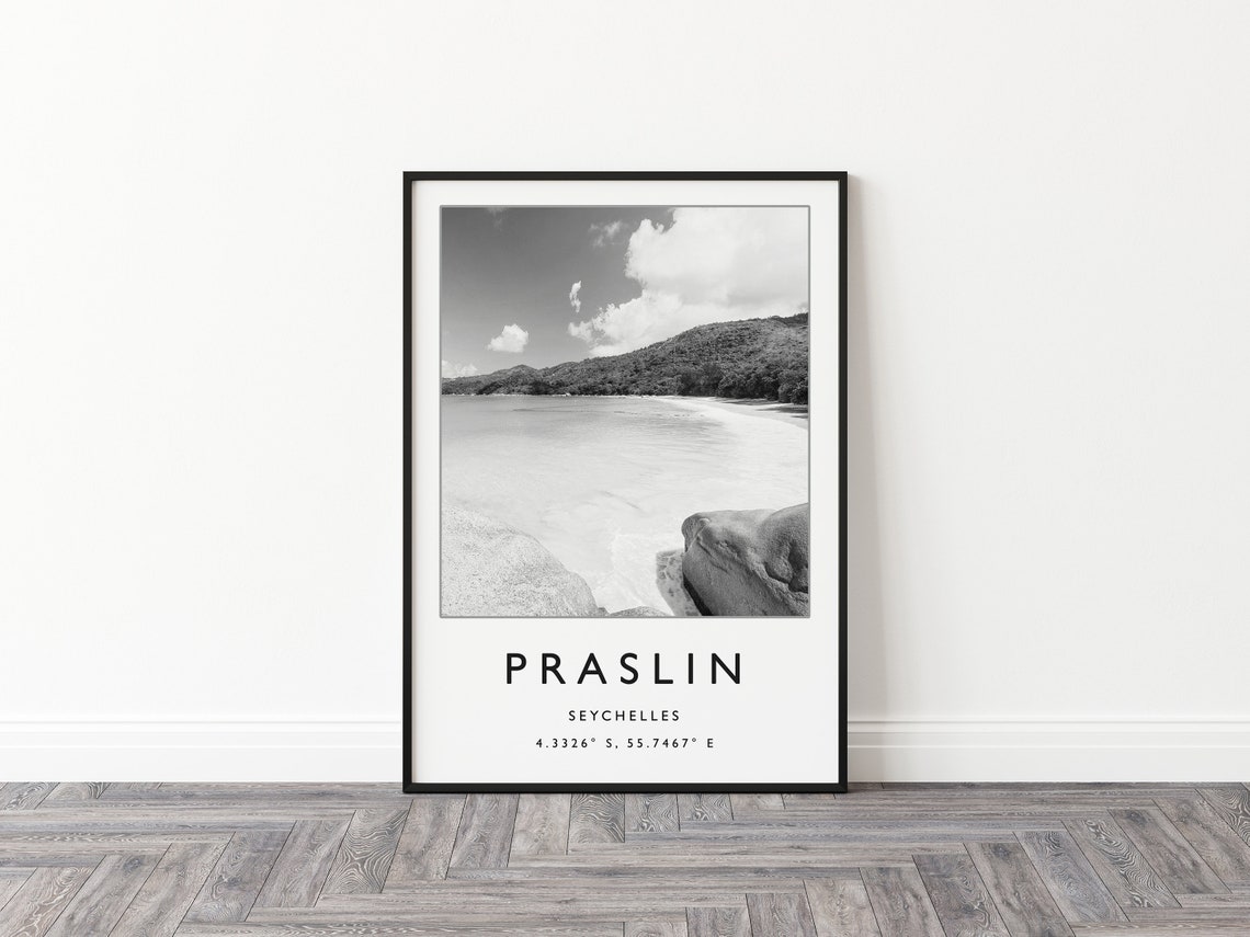 Praslin Seychelles Black and White Beach Photo Modern Travel Poster - Image 2