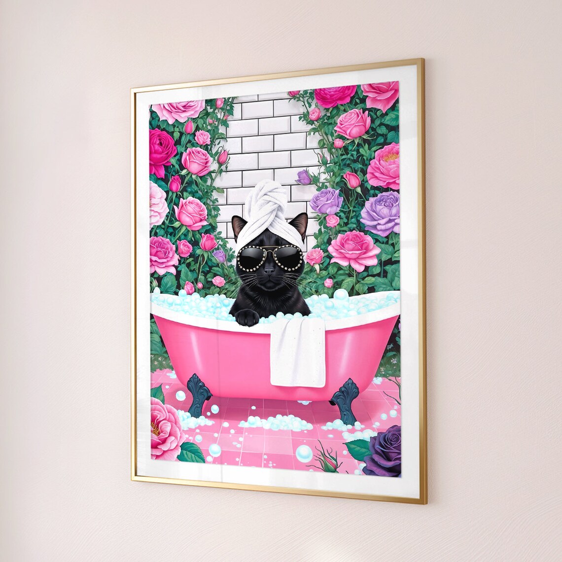 Black Cat Spa Day Sunglasses Pink Bubble Bath Funny Bathroom Poster - Image 4