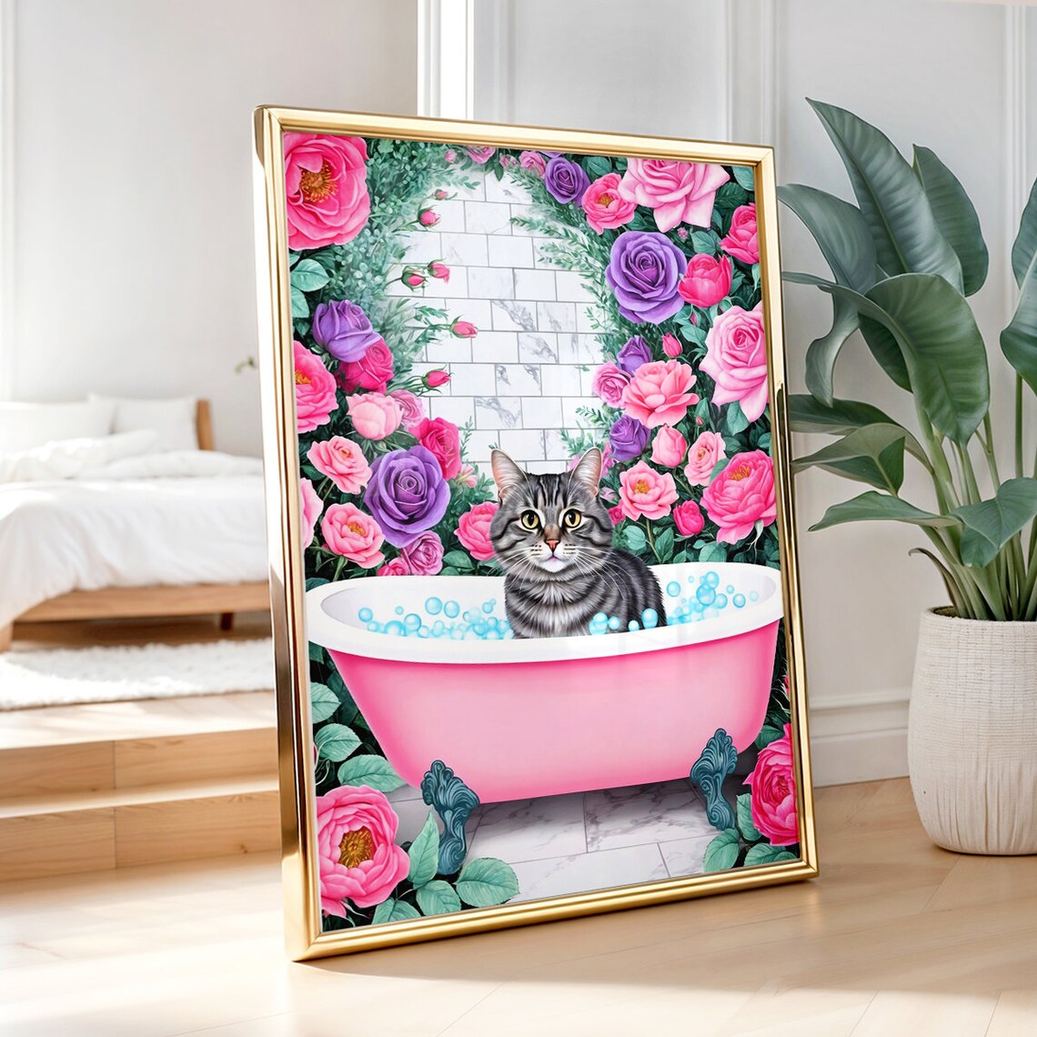 Grey Tabby Cat In Pink Bathtub With Bubbles And Roses Poster - Image 3