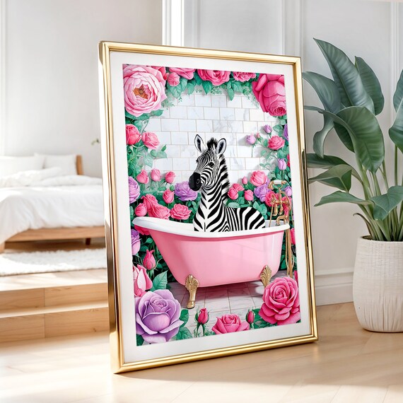 Zebra Pink Bathtub Roses Funny Maximalist Bathroom Floral Poster