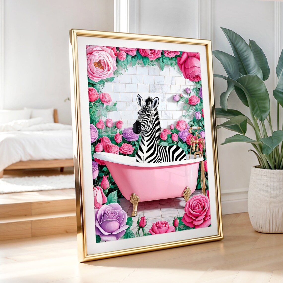 Zebra Pink Bathtub Roses Funny Maximalist Bathroom Floral Poster